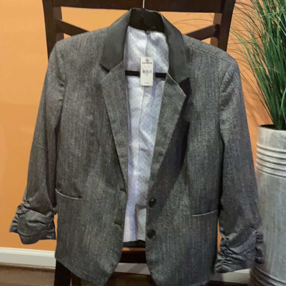 Faux Leather Collar, Ruched Sleeve Blazer